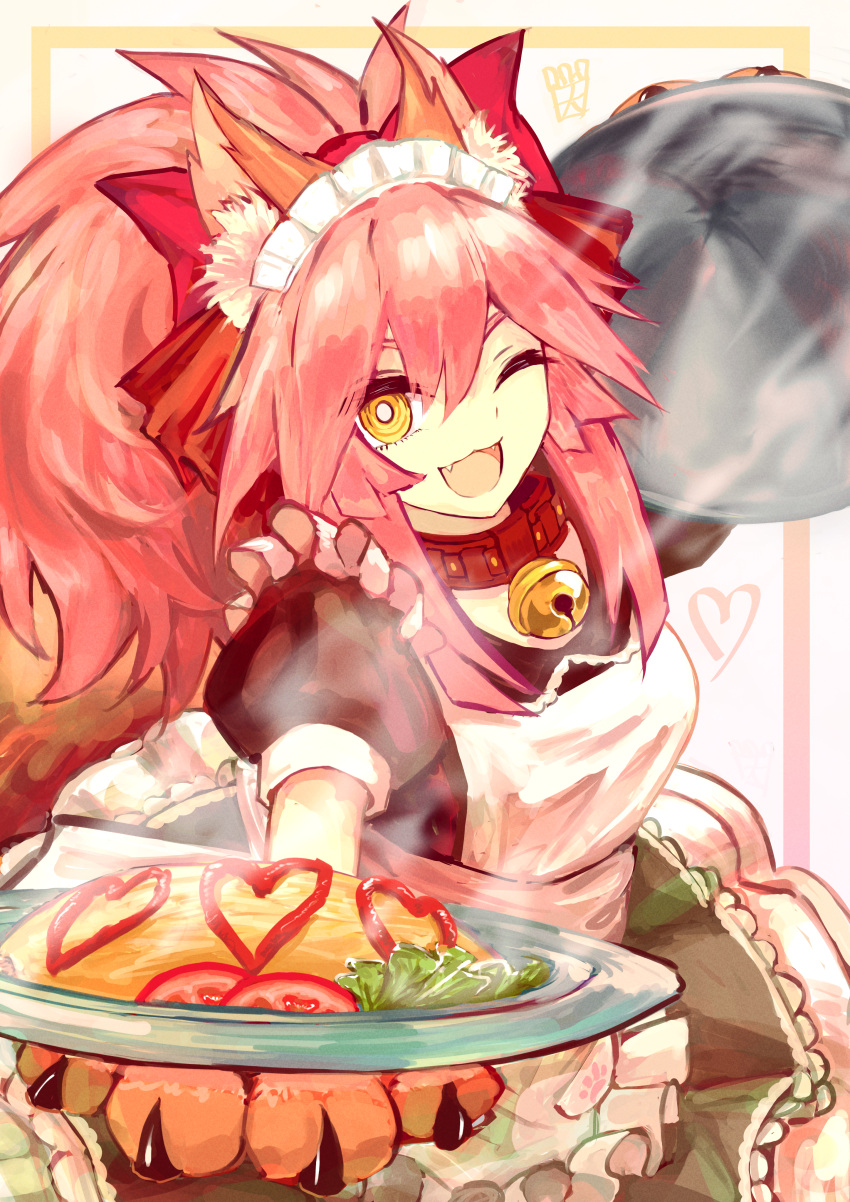 1girl absurdres animal_ear_fluff animal_ears apron bangs bell bell_collar black_dress bow breasts collar dress fate/extra fate/grand_order fate_(series) fox_ears fox_girl fox_tail frills hair_between_eyes hair_bow highres huge_filesize jingle_bell large_breasts long_hair looking_at_viewer omelet one_eye_closed ootato open_mouth pink_hair plate ponytail puffy_short_sleeves puffy_sleeves red_bow short_sleeves sidelocks smile tail tamamo_(fate)_(all) tamamo_cat_(fate) white_apron yellow_eyes