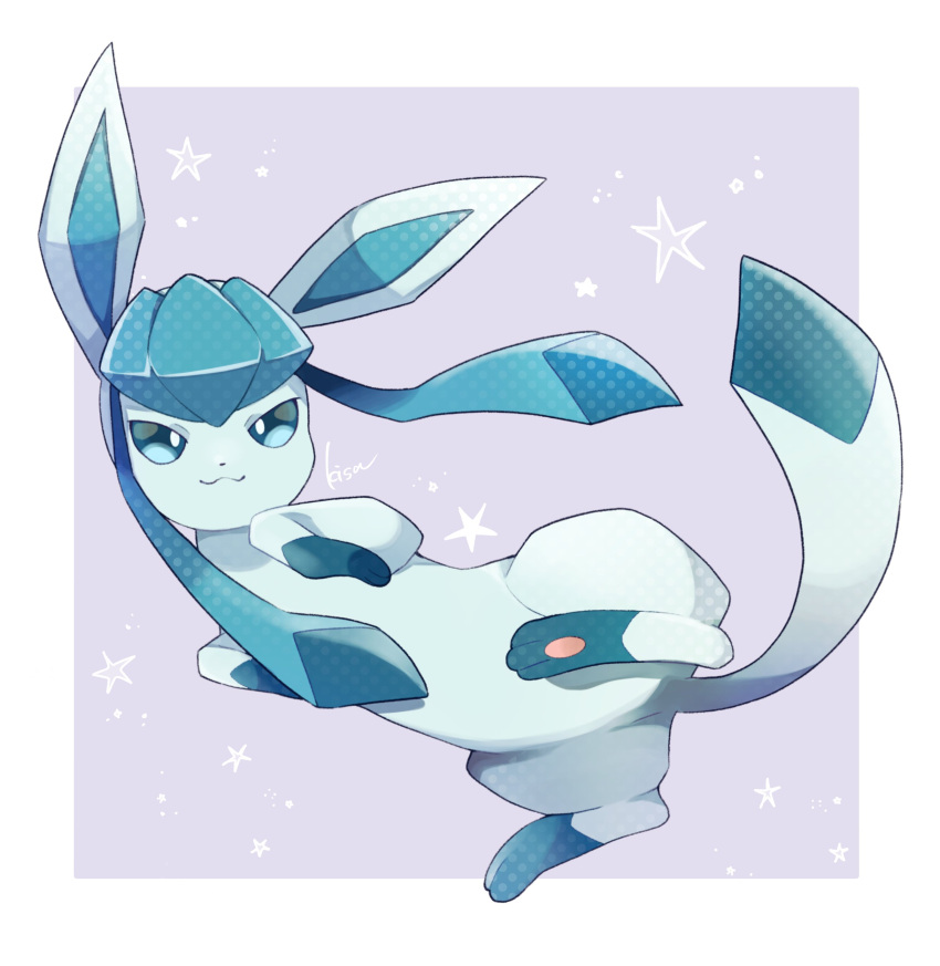 :3 absurdres closed_mouth commentary_request full_body gen_4_pokemon glaceon highres kisa_(kisa-kisa5900) looking_at_viewer no_humans paws pokemon pokemon_(creature) signature smile solo star_(symbol) toes