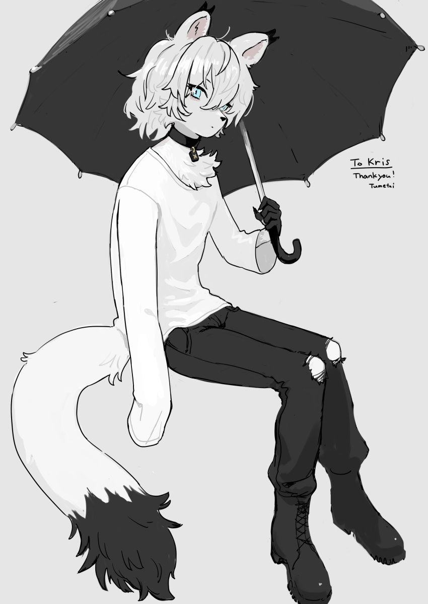 1boy absurdres aqua_eyes black_footwear black_pants black_umbrella choker english_text furry grey_background hair_between_eyes highres long_sleeves original pants shirt shoes simple_background solo tail thank_you torn_clothes torn_pants tsurunoka umbrella white_shirt