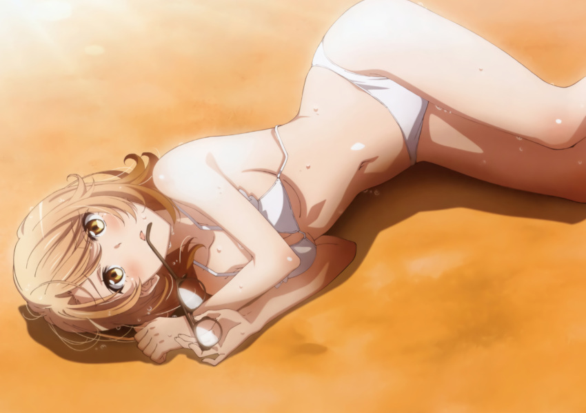 1girl bangs bare_arms bare_legs beach bikini breasts brown_hair collarbone eyebrows_visible_through_hair eyewear_removed feet_out_of_frame glasses highres holding holding_eyewear isshiki_iroha looking_at_viewer lying medium_hair navel official_art on_side open_mouth sand scan sideboob sidelocks small_breasts solo swimsuit under_boob wet white_bikini yahari_ore_no_seishun_lovecome_wa_machigatteiru. yellow_eyes