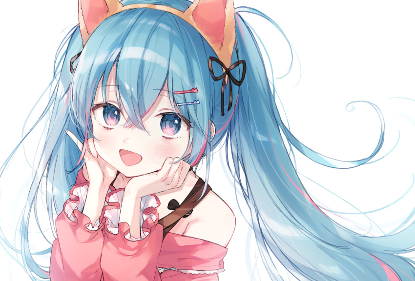 1girl :d absurdres animal_ear_headwear black_ribbon blue_eyes blue_hair hair_between_eyes hair_ornament hairclip hands_on_own_face hatsune_miku headband highres long_sleeves nare_(17_junana) open_mouth pink_shirt pinky_out ribbon shirt smile solo twintails vocaloid white_background