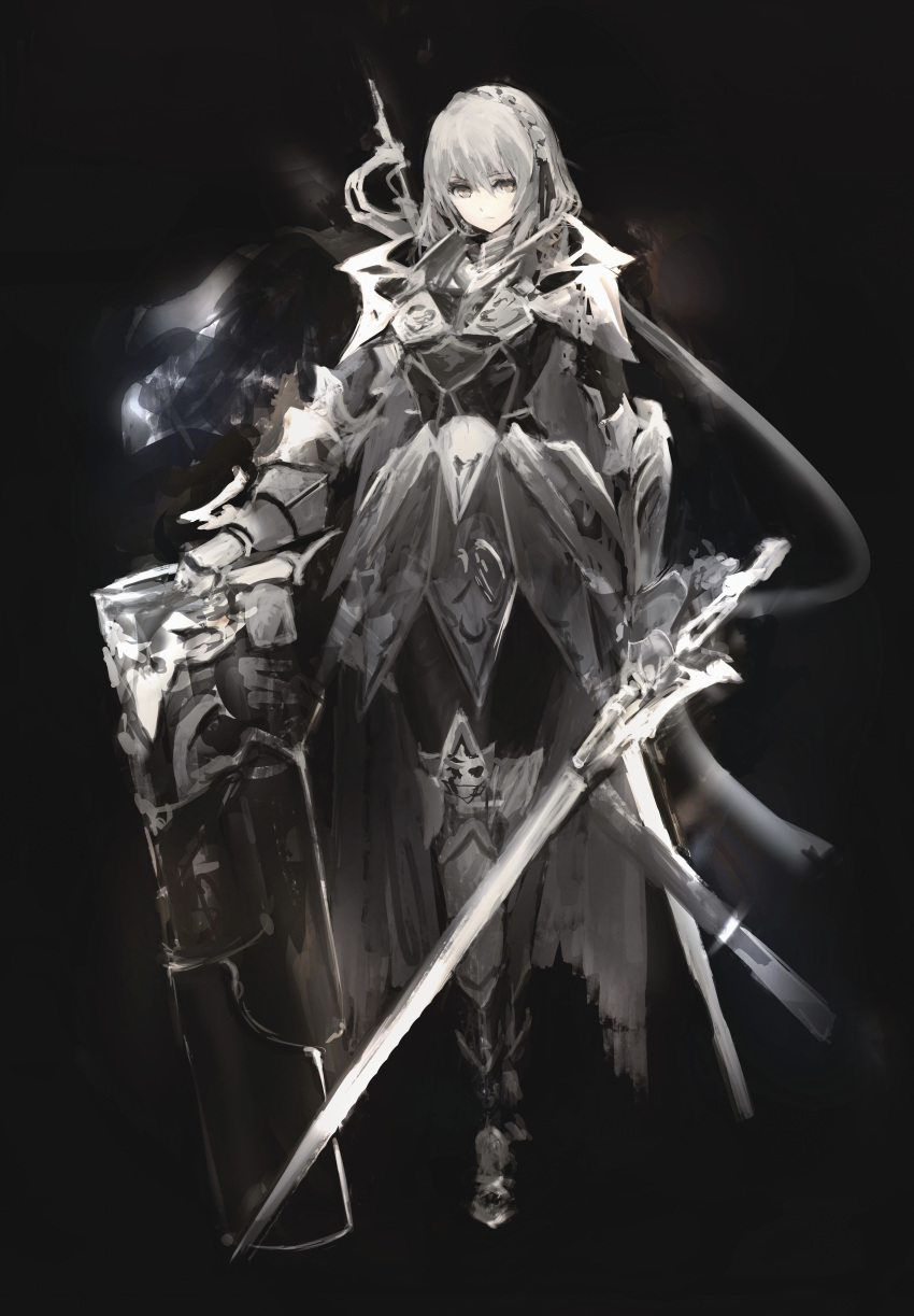 1girl absurdres armor armored_boots black_background boots breastplate fantasy full_body gauntlets highres holding holding_sword holding_weapon knight long_hair looking_at_viewer orange_eyes original platinum_blonde_hair serious shield shoulder_armor solo sword tuda6 weapon