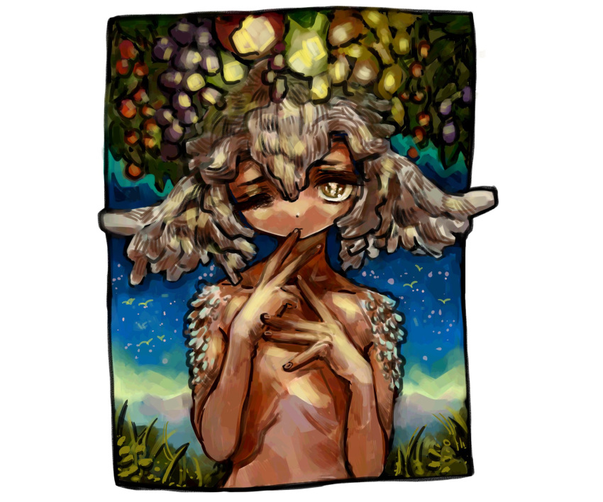 1other animal_ears bird blue_sky border brown_eyes closed_mouth dark_skin day fingernails grass grey_hair hands_up highres looking_at_viewer one_eye_closed original outdoors shima_(wansyon144) sky solo upper_body white_border