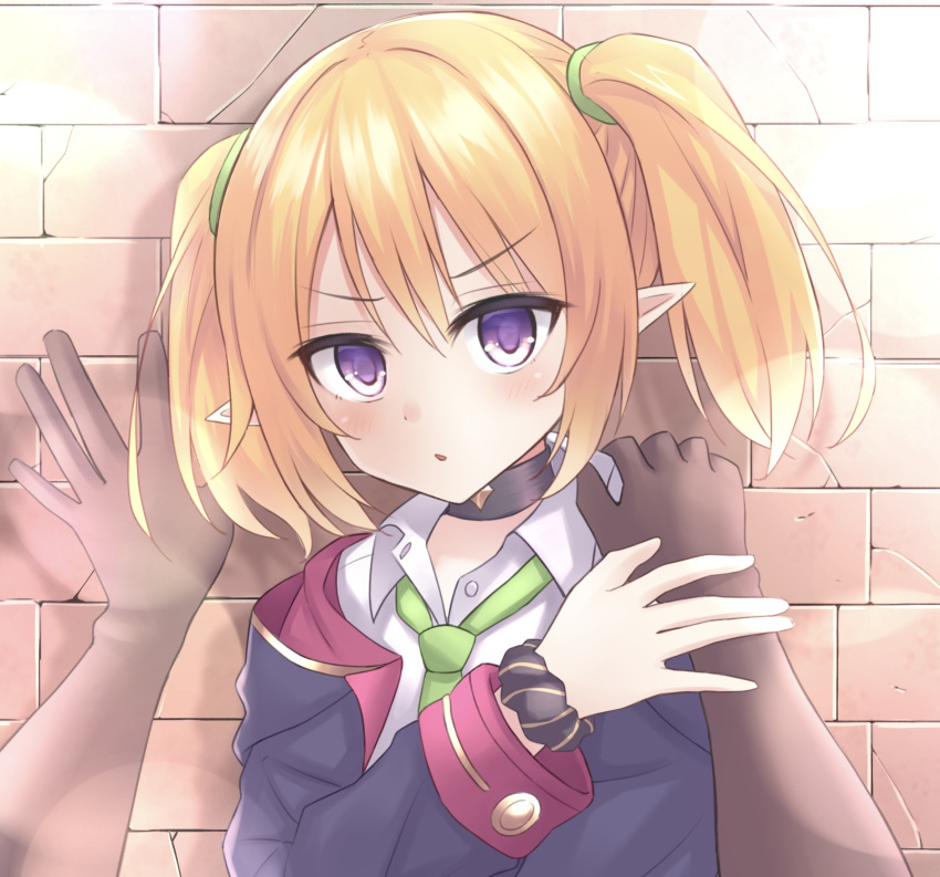 1girl :o bangs blonde_hair blush brown_gloves chloe_(princess_connect!) choker commentary decision5021 gloves green_neckwear hand_on_another's_arm hand_on_another's_shoulder highres jacket long_sleeves looking_at_viewer necktie pointy_ears pov princess_connect! princess_connect!_re:dive purple_jacket scrunchie shirt sidelocks solo_focus twintails v-shaped_eyebrows violet_eyes wall wall_slam white_shirt