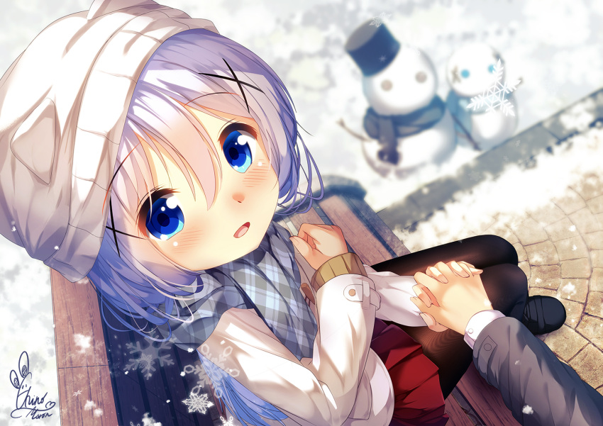 1girl :d animal_ears bangs beanie bench black_footwear black_legwear blue_eyes blue_hair blurry blurry_background blush chinomaron commentary_request depth_of_field eyebrows_visible_through_hair fake_animal_ears gochuumon_wa_usagi_desu_ka? grey_jacket grey_scarf hair_between_eyes hair_ornament hat holding_hands interlocked_fingers jacket kafuu_chino long_hair long_sleeves looking_at_viewer on_bench open_mouth out_of_frame pantyhose park_bench plaid plaid_scarf pleated_skirt red_skirt scarf shirt shoes signature sitting skirt smile snow snowflakes snowman solo_focus very_long_hair white_headwear white_jacket white_shirt x_hair_ornament