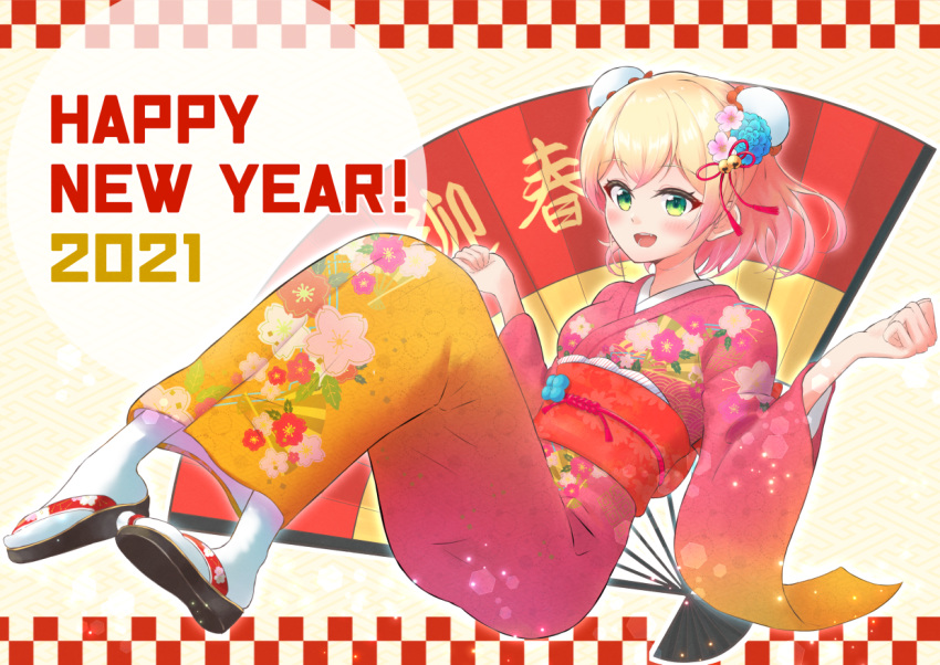 1girl 2021 alternate_costume alternate_hair_length alternate_hairstyle bangs blush breasts clenched_hands eyebrows_visible_through_hair fang floating happy_new_year hololive japanese_clothes kimono looking_at_viewer medium_breasts momosuzu_nene new_year obi open_mouth sash short_hair smile solo typho virtual_youtuber yukata