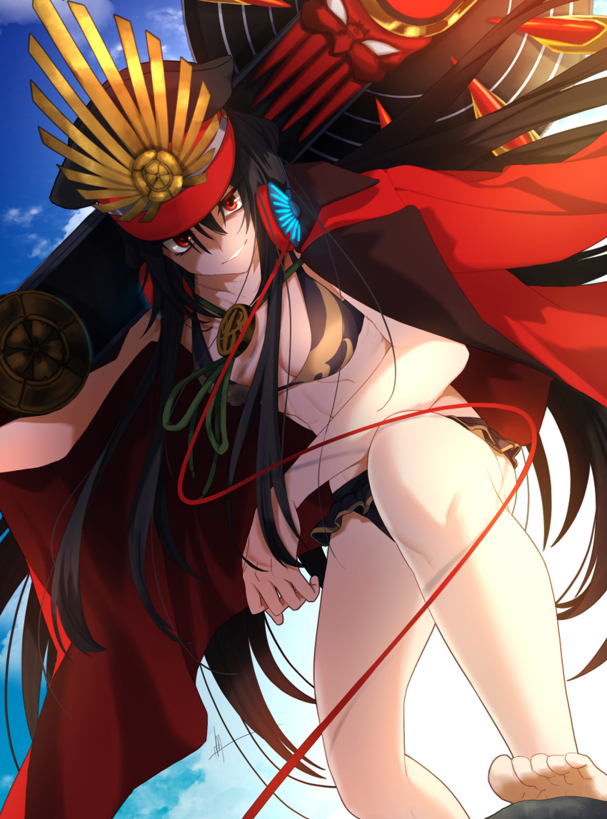 1girl arm_on_knee bikini black_hair coat coat_on_shoulders fate/grand_order fate_(series) from_below hat headphones highres nmz_(namazu) oda_nobunaga_(fate)_(all) oda_nobunaga_(swimsuit_berserker)_(fate) over_shoulder red_eyes smile swimsuit weapon weapon_over_shoulder