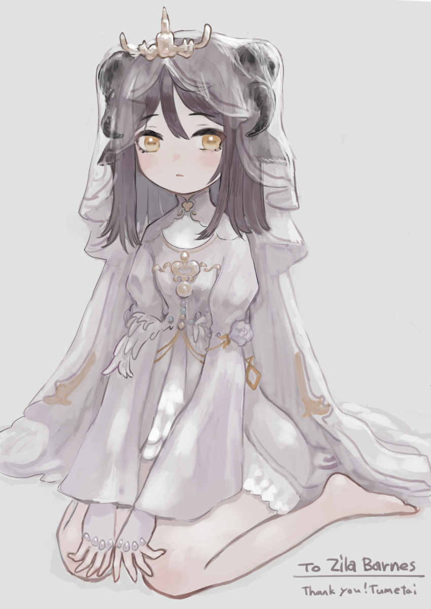 1girl absurdres bare_legs barefoot black_hair blush character_request copyright_request dress english_text flower full_body grey_background grey_dress grey_theme highres horns long_sleeves medium_hair simple_background sitting solo thank_you tsurunoka veil wariza white_flower yellow_eyes