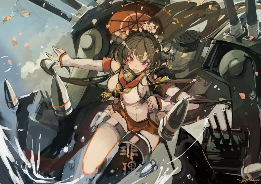 1girl bangs black_legwear breasts clothes_writing clouds detached_sleeves flower hair_between_eyes hair_flower hair_ornament headgear highres holding holding_umbrella kantai_collection large_breasts long_hair long_sleeves nagasawa_tougo oil-paper_umbrella open_mouth outdoors petals ponytail red_eyes red_skirt red_umbrella rigging shell_casing signature single_thighhigh skirt sky solo tassel thigh-highs umbrella water yamato_(kantai_collection)
