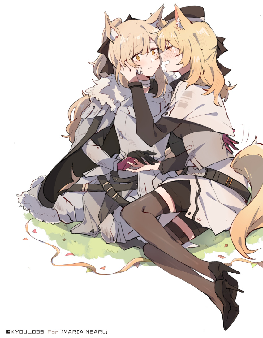 2girls animal_ear_fluff animal_ears arknights armor bandaid bangs black_headwear blemishine_(arknights) blonde_hair blush commentary_request crying embarrassed eyebrows_visible_through_hair hat high_heels highres holding_hand horse_ears horse_girl horse_tail kyou_039 long_hair multiple_girls open_mouth orange_eyes ponytail simple_background tail thigh-highs twitter_username whislash_(arknights) white_background yuri