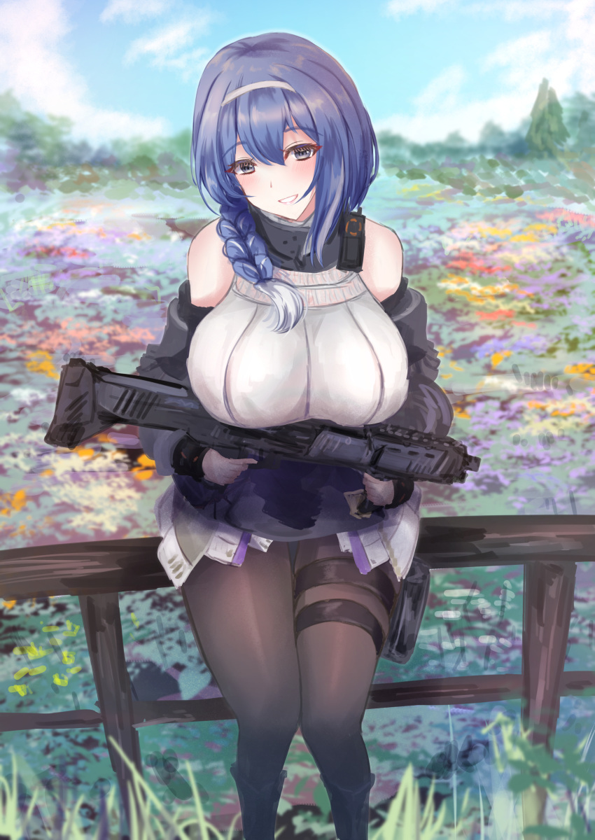 1girl absurdres black_jacket black_legwear blue_hair blush braid breasts dp-12_(girls_frontline) dp-28 eyebrows_visible_through_hair girls_frontline grey_eyes hairband highres holding holding_weapon holster jacket jacket_pull large_breasts looking_at_viewer martinreaction medium_hair open_mouth pantyhose radio sitting smile solo weapon