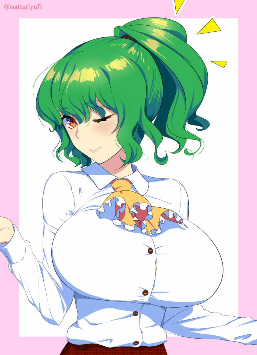 1girl ascot breasts commentary_request eyebrows_visible_through_hair green_hair highres kazami_yuuka large_breasts long_hair long_sleeves looking_at_viewer mattari_yufi one_eye_closed orange_eyes ponytail slit_pupils smile solo touhou twitter_username upper_body