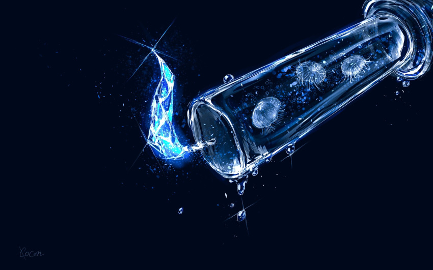 artist_name blue_background blue_fire blue_theme bubble candle cocon_(cocon_q) commentary_request fire glint highres jellyfish light_particles no_humans original shiny signature simple_background water water_drop