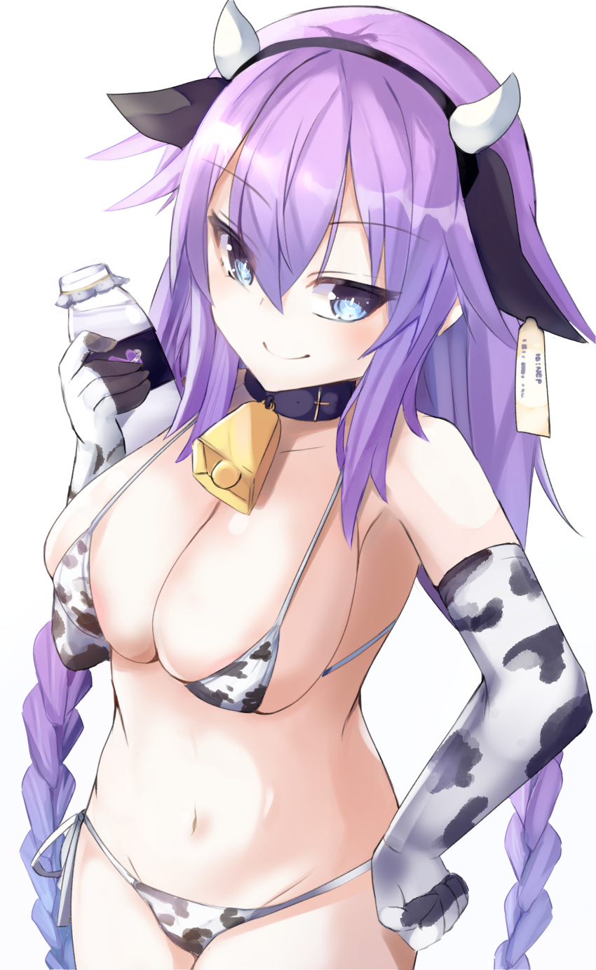 1girl absurdres animal_ears animal_print bell bimmy blue_eyes braid breasts cow_ears cow_girl cow_horns cow_print cowbell elbow_gloves eyebrows_visible_through_hair gloves hair_between_eyes hair_ornament highres holding horns long_hair looking_at_viewer medium_breasts neptune_(series) power_symbol purple_hair purple_heart sidelocks solo symbol-shaped_pupils twin_braids very_long_hair white_background