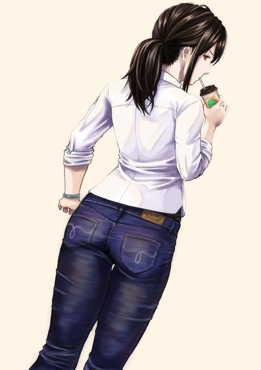 1girl absurdres aniy_ambitious ass brown_eyes brown_hair denim drinking from_behind highres jeans looking_at_viewer original pants ponytail shirt sleeves_rolled_up solo white_shirt