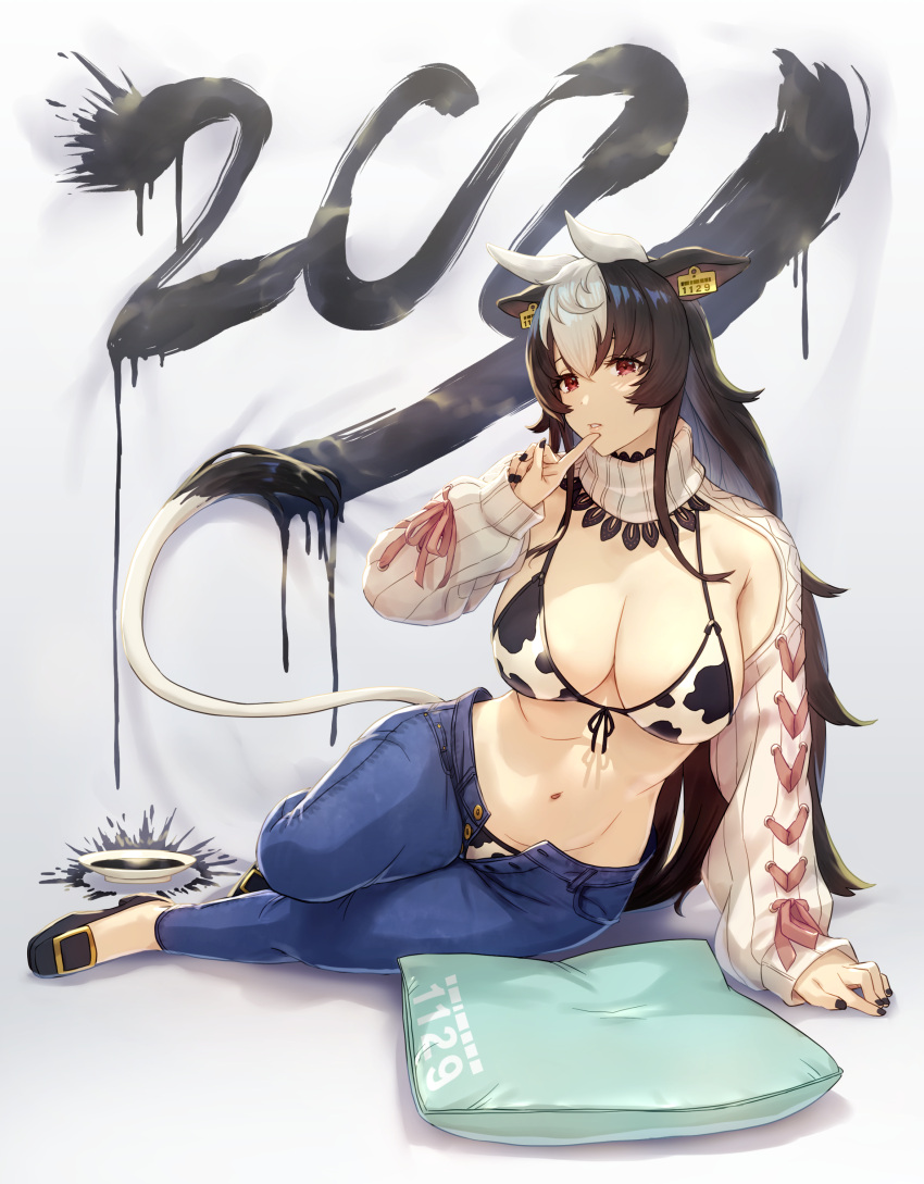 1girl 2021 absurdres animal_ears animal_print bikini bikini_under_clothes black_hair blue_pants breasts chinese_zodiac cow_ears cow_girl cow_horns cow_print cow_tail denim front-tie_bikini front-tie_top highres horns jeans large_breasts long_hair long_sleeves multicolored_hair navel original pants print_bikini shouhei shrug_(clothing) string_bikini_top swimsuit tail two-tone_hair white_bikini white_hair year_of_the_ox