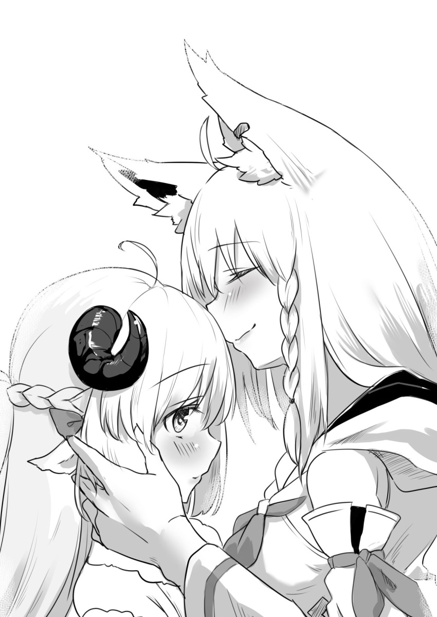 2girls ahoge animal_ear_fluff animal_ears bangs blush braid closed_eyes commentary_request detached_sleeves earrings eyebrows_visible_through_hair fox_ears fox_girl french_braid greyscale hair_between_eyes hand_on_another's_cheek hand_on_another's_face highres hololive hood hoodie horns jewelry long_hair mochiyuki_(gigfor1) monochrome multiple_girls neckerchief sheep_girl sheep_horns shirakami_fubuki sidelocks simple_background single_braid tsunomaki_watame upper_body virtual_youtuber white_background
