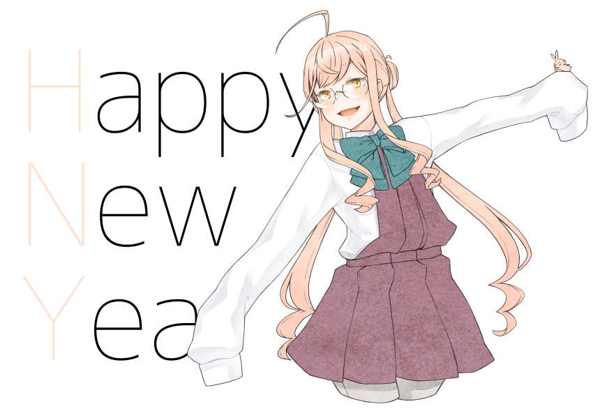 1girl ahoge blue-framed_eyewear commentary_request cropped_legs double_bun green_neckwear grey_legwear halterneck happy_new_year highres kantai_collection long_hair long_sleeves looking_at_viewer makigumo_(kantai_collection) new_year outstretched_arms pink_hair rabbit shirt simple_background sleeves_past_fingers sleeves_past_wrists tamaki. twintails white_background white_shirt yellow_eyes