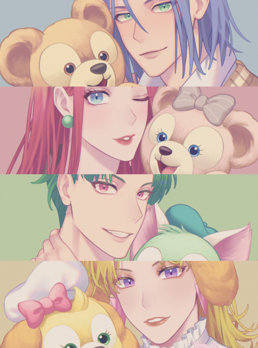 2boys 2girls absurdres bangs blonde_hair blue_eyes blue_hair bow butch_(pokemon) cassidy_(pokemon) clenched_teeth closed_mouth earrings eyelashes gi_xxy green_eyes green_hair grey_bow hair_between_eyes highres james_(pokemon) jessie_(pokemon) jewelry lipstick looking_at_viewer makeup multiple_boys multiple_girls parted_lips pink_bow pokemon pokemon_(anime) smile stuffed_animal stuffed_toy symbol_commentary teddy_bear teeth violet_eyes