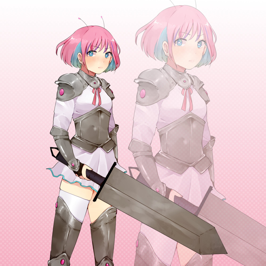 1girl alternate_costume antennae armor bangs blue_eyes blue_hair bright_pupils english_commentary eyebrows_visible_through_hair fantasy greaves highres holding holding_sword holding_weapon looking_to_the_side manaka_umio multicolored_hair myholo_tv pink_hair purple_skirt short_hair single_thighhigh skirt sktar solo streaked_hair sword thigh-highs v-shaped_eyebrows virtual_youtuber weapon white_pupils zoom_layer
