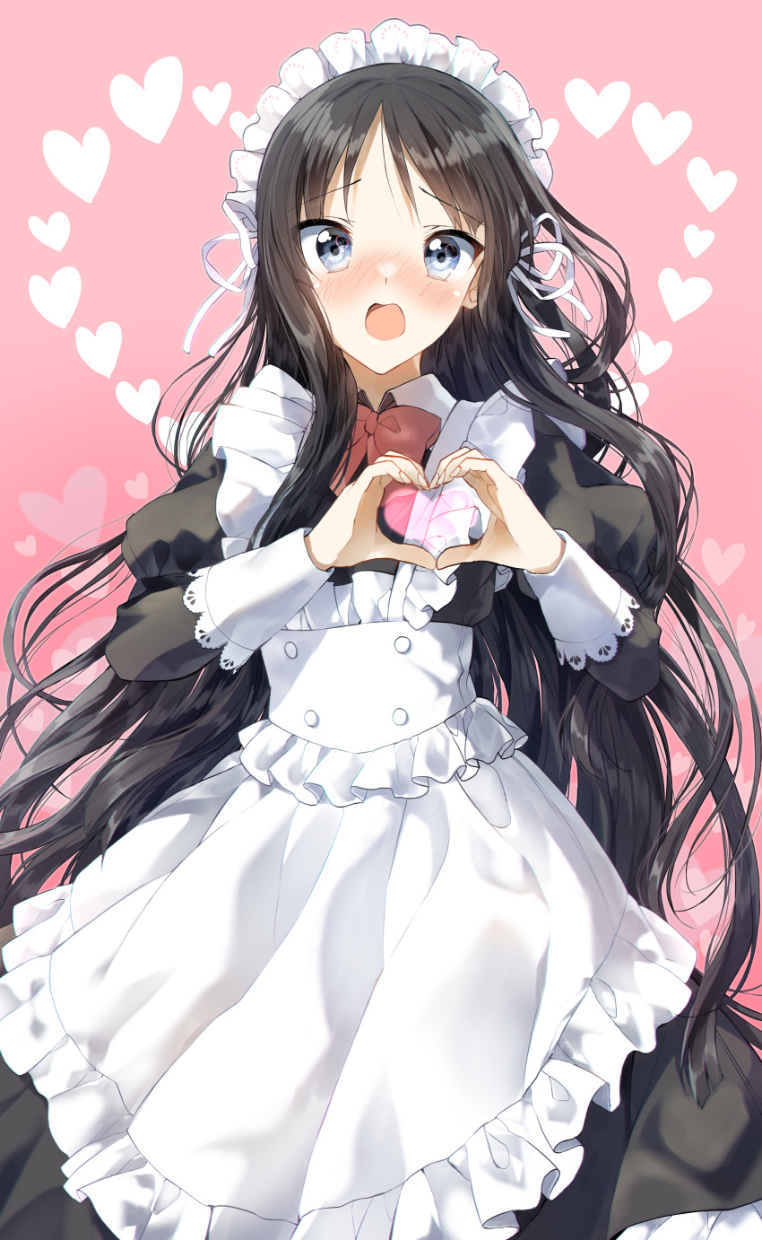 1girl :o absurdres akiyama_mio apron black_dress blue_eyes blush bow bowtie dress heart highres k-on! long_sleeves looking_at_viewer maid maid_apron maid_headdress open_mouth pentagon_(railgun_ky1206) pink_background red_bow red_neckwear simple_background solo white_apron