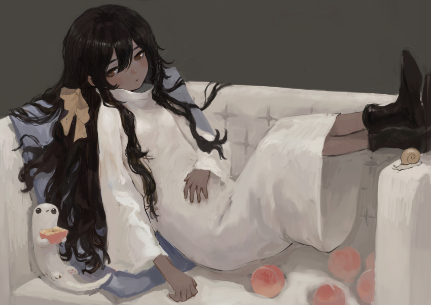 1girl absurdres black_footwear black_hair blush boots couch creature dark_skin dress food fruit full_body gregor_(tsurunoka) hair_ribbon highres holding holding_food holding_fruit lead_white_(tsurunoka) legs_up long_hair long_sleeves original peach ribbon shadow sitting solo tsurunoka white_dress yellow_ribbon