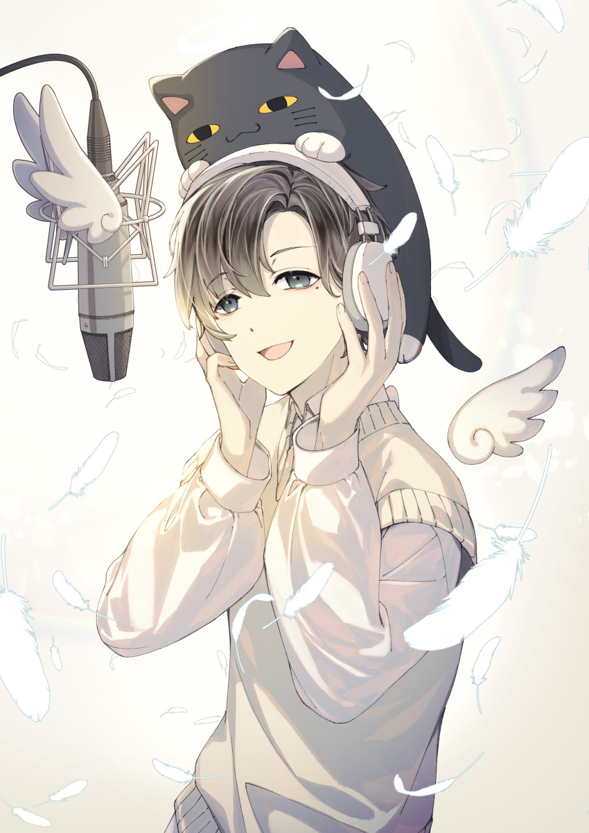 1boy :d absurdres bangs brown_hair clip_studio_paint_(medium) commentary_request detached_wings eyebrows_visible_through_hair feathers grey_eyes hair_between_eyes hands_up headphones highres jh kanae_(nijisanji) long_sleeves male_focus microphone mini_wings mole mole_under_eye nijisanji open_mouth parted_bangs puffy_long_sleeves puffy_sleeves rainbow shirt smile solo stuffed_animal stuffed_cat stuffed_toy virtual_youtuber white_feathers white_shirt white_wings wings