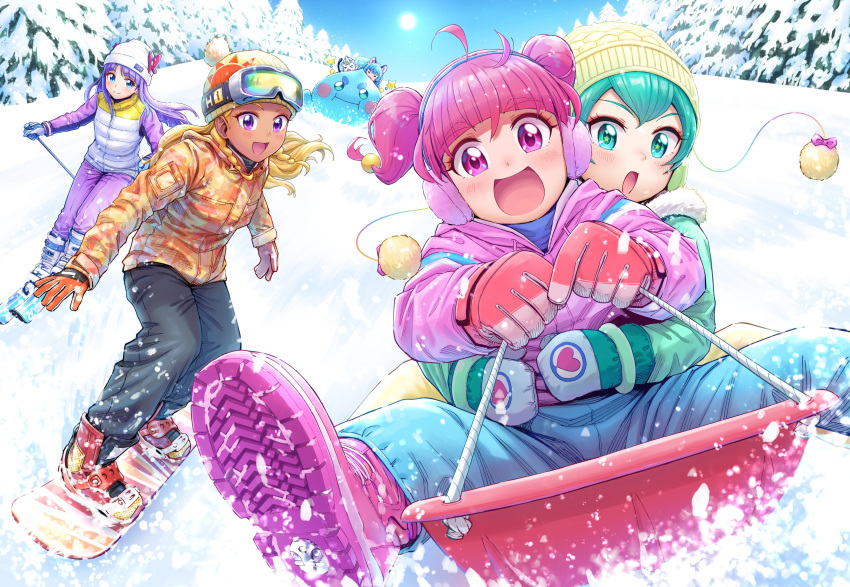 5girls :3 :d :o absurdres ahoge amamiya_erena animal_ears antennae aqua_eyes aqua_hair bangs beanie black_pants blonde_hair blue_eyes blue_hair blue_pants blunt_bangs blunt_ends blush boots bow cat_ears closed_mouth coat crescent_print day earmuffs eyebrows_visible_through_hair floating_hair fuwa_(precure) gloves goggles goggles_on_head hagoromo_lala hair_bobbles hair_ornament happy hat hat_bow highres hoshina_hikaru hug hug_from_behind itou_shin'ichi kaguya_madoka long_hair looking_at_viewer mittens moon_print multiple_girls open_mouth orange_coat pants perspective pine_tree pink_coat pink_footwear pink_hair pom_pom_(clothes) precure prunce_(precure) purple_hair purple_pants side_braids sideways_glance ski_boots ski_gear ski_goggles skiing skis sky sled sledding smile snow snowboard snowboarding star_twinkle_precure sun sun_(symbol) sun_print tree violet_eyes white_headwear winter winter_clothes winter_coat yellow_headwear yuni_(precure)