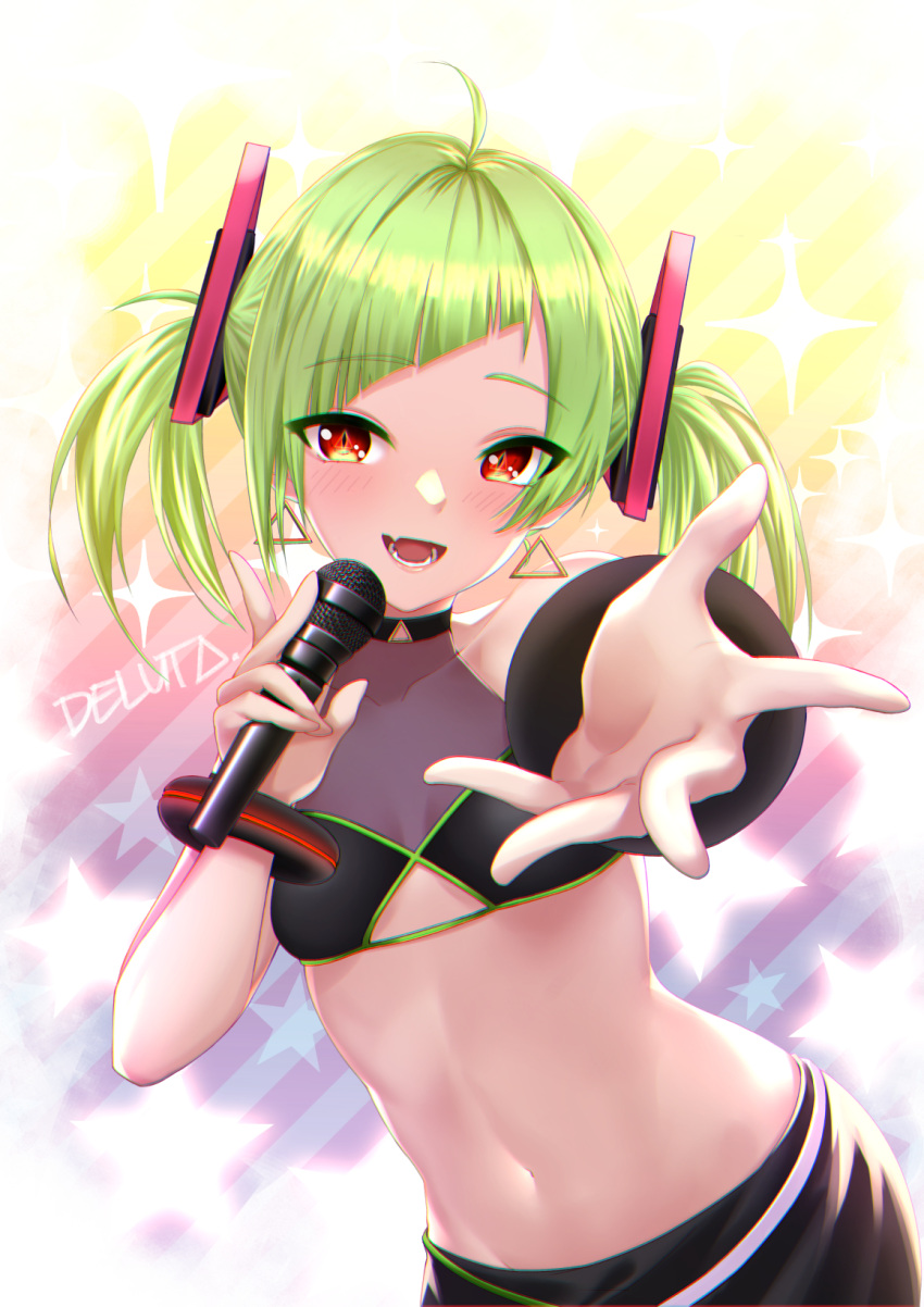 1girl ahoge bangs bare_shoulders black_skirt bracelet character_name clothing_cutout collarbone commentary covered_collarbone crop_top delutaya diagonal_bangs earrings eyebrows_visible_through_hair green_hair highres holding holding_microphone indie_virtual_youtuber jewelry looking_at_viewer microphone midriff navel open_mouth rara086 red_eyes short_twintails skirt solo sparkle_background triangle_earrings twintails underboob_cutout virtual_youtuber
