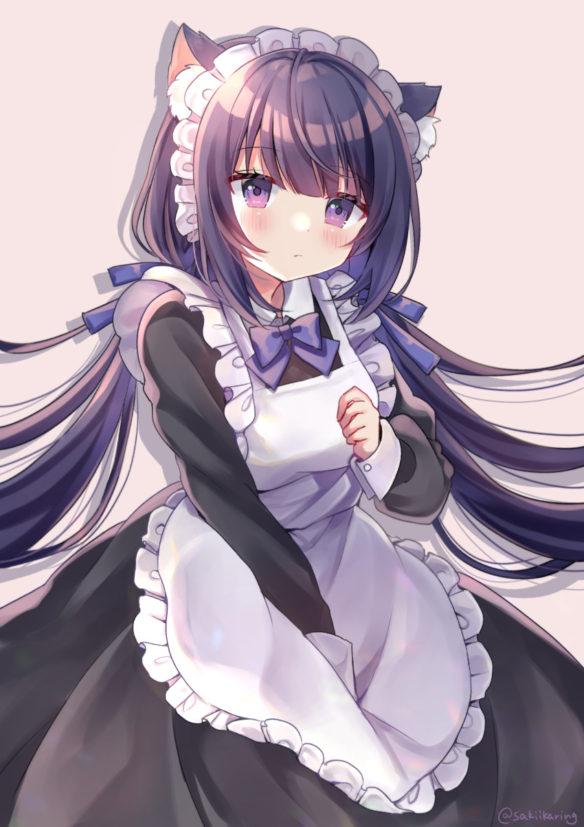 1girl absurdres animal_ears apron bangs black_dress black_hair blue_ribbon blush bow breasts brown_background cat_ears closed_mouth collared_dress commentary_request dress eyebrows_visible_through_hair frilled_apron frills hair_ribbon highres long_hair long_sleeves looking_at_viewer low_twintails maid maid_apron maid_headdress medium_breasts minami_saki original purple_bow ribbon simple_background solo twintails very_long_hair violet_eyes white_apron