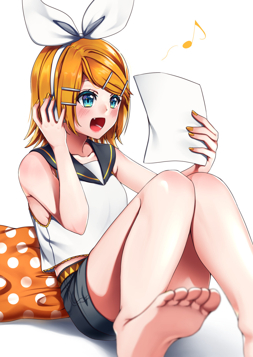 1girl :d absurdres bangs barefoot black_sailor_collar black_shorts blonde_hair blue_eyes blurry_foreground bow bow_hairband collarbone collared_shirt fang hair_bow hair_ornament hairband hairclip headphones highres holding holding_paper inu8neko kagamine_rin nail_polish open_mouth paper pillow polka_dot_pillow sailor_collar sailor_shirt shiny shiny_hair shiny_skin shirt short_hair short_shorts shorts simple_background sitting sleeveless sleeveless_shirt smile soles solo swept_bangs vocaloid white_background white_bow white_hairband white_shirt yellow_nails
