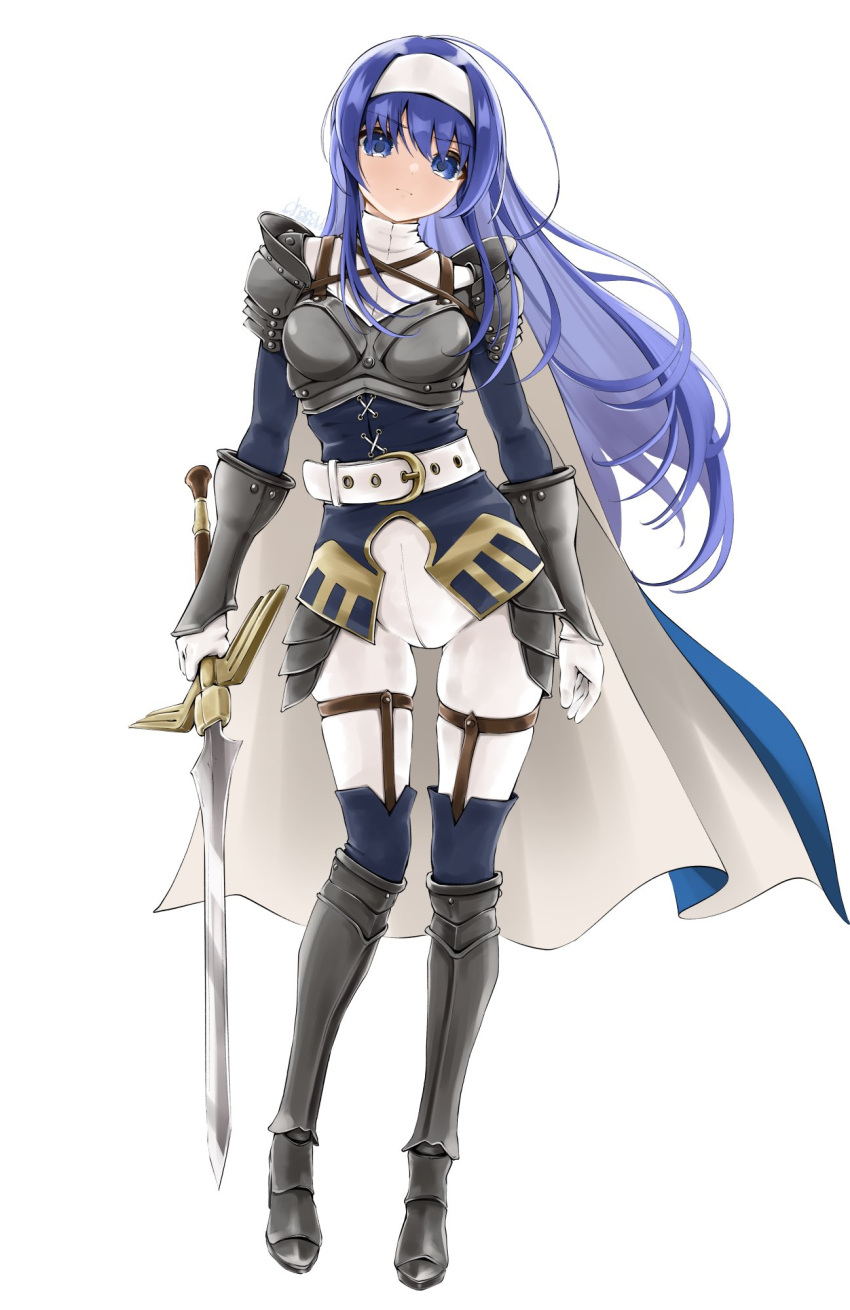 1girl ahoge armor belt blue_eyes blue_hair cape chaesu eyebrows_visible_through_hair full_body gloves hairband highres holding holding_sword holding_weapon long_hair looking_at_viewer orie_(under_night_in-birth) pants signature simple_background solo standing sword under_night_in-birth very_long_hair weapon white_background white_belt white_gloves white_hairband white_pants