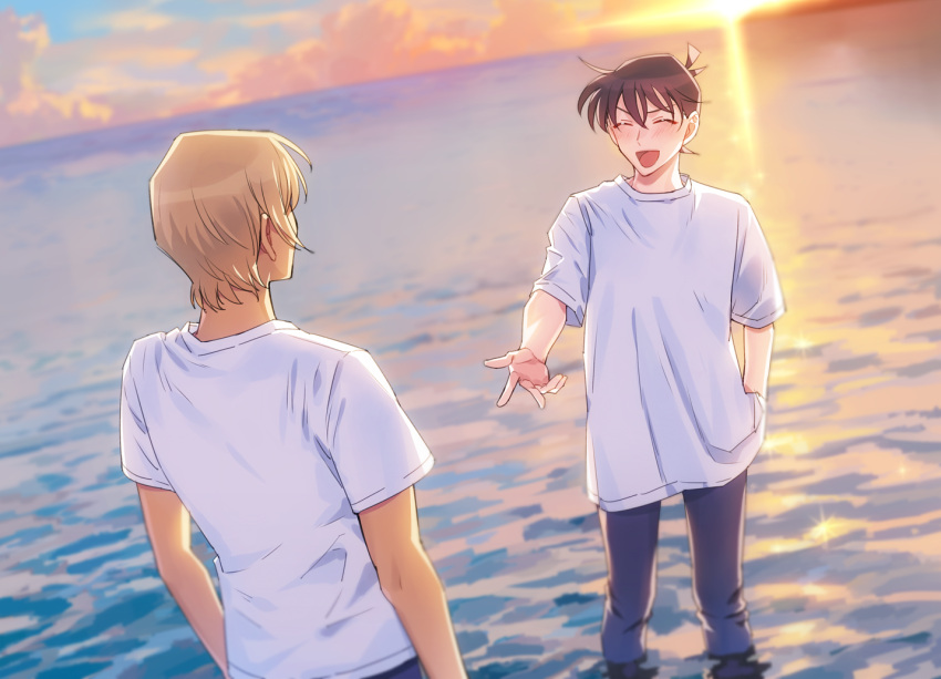 2boys :d ^_^ amuro_tooru arm_at_side arms_at_sides bangs blonde_hair blue_pants brown_hair casual closed_eyes clouds cloudy_sky commentary_request dutch_angle facing_another facing_away hair_between_eyes horizon k_(gear_labo) kudou_shin'ichi male_focus meitantei_conan multiple_boys ocean open_mouth outdoors outstretched_hand pants shirt short_hair short_sleeves sky smile sun twilight wading white_shirt