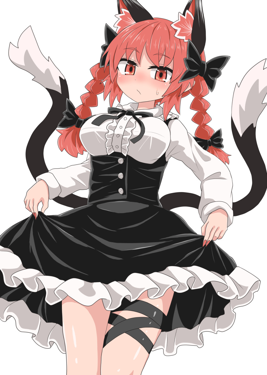 1girl alternate_costume animal_ear_fluff animal_ears bangs black_bow black_dress black_neckwear black_ribbon black_tail blush bow braid breasts buttons cat_ears cat_tail chups closed_mouth cowboy_shot dress extra_ears hair_bow highres kaenbyou_rin large_breasts leg_ribbon long_sleeves looking_at_viewer medium_hair multiple_tails neck_ribbon red_eyes redhead ribbon side_braids simple_background skirt skirt_lift solo standing sweat tail touhou twin_braids two_tails white_background