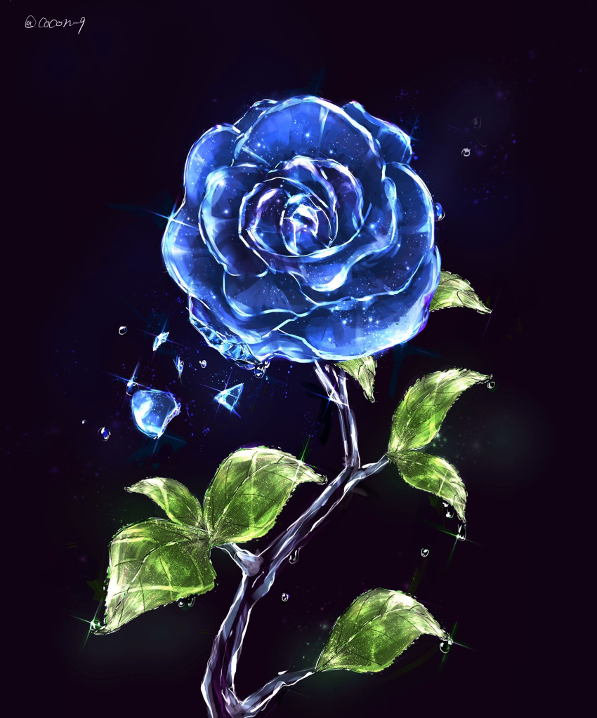 artist_name black_background blue_flower blue_rose cocon_(cocon_q) commentary_request flower glint highres leaf no_humans original rose shattering shiny signature simple_background still_life twitter_username water_drop