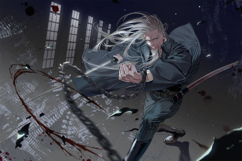 1boy beard black_suit blood blood_splatter boots chain chaind chained dynamic_pose facial_hair fighting_stance floating_hair foot_out_of_frame golden_kamuy grey_eyes highres hijikata_toshizou_(golden_kamuy) holding holding_sword holding_weapon katana leather leather_boots long_hair long_sleeves male_focus old old_man sheath solo sword thick_eyebrows w55674570w weapon white_hair wind wind_lift wrinkles