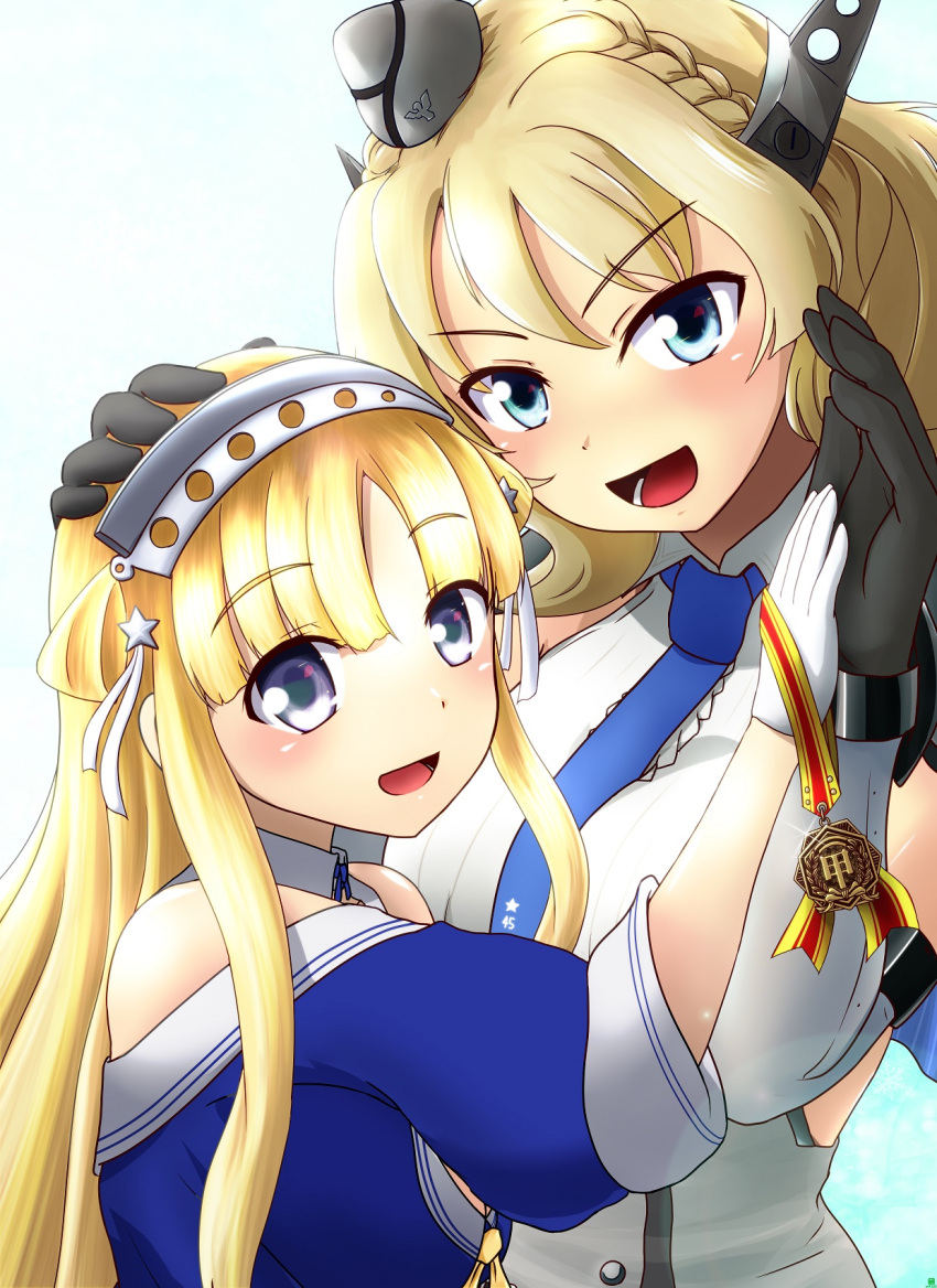 2girls black_gloves blonde_hair blue_eyes blue_neckwear blue_shirt breasts colorado_(kantai_collection) commentary_request double_bun elbow_gloves fletcher_(kantai_collection) garrison_cap gloves grey_headwear hair_ornament hairband hat headgear highres kantai_collection large_breasts long_hair looking_at_viewer medal midori_no_ryokucha multiple_girls necktie off_shoulder remodel_(kantai_collection) sailor_collar school_uniform serafuku shirt short_hair side_braids sideboob sleeveless smile star_(symbol) star_hair_ornament upper_body white_gloves white_sailor_collar white_shirt