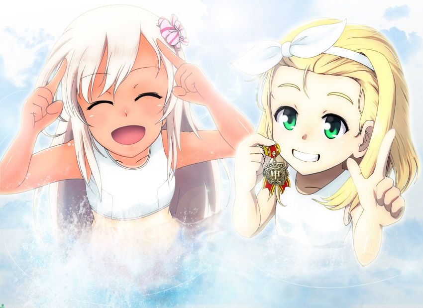2girls blonde_hair closed_eyes commentary_request flat_chest flower green_eyes grin hair_flower hair_ornament hairband highres index_finger_raised index_fingers_raised kantai_collection long_hair luigi_torelli_(kantai_collection) midori_no_ryokucha multiple_girls one-piece_tan ro-500_(kantai_collection) school_swimsuit short_hair smile swimsuit tan tanline upper_body white_hairband white_swimsuit