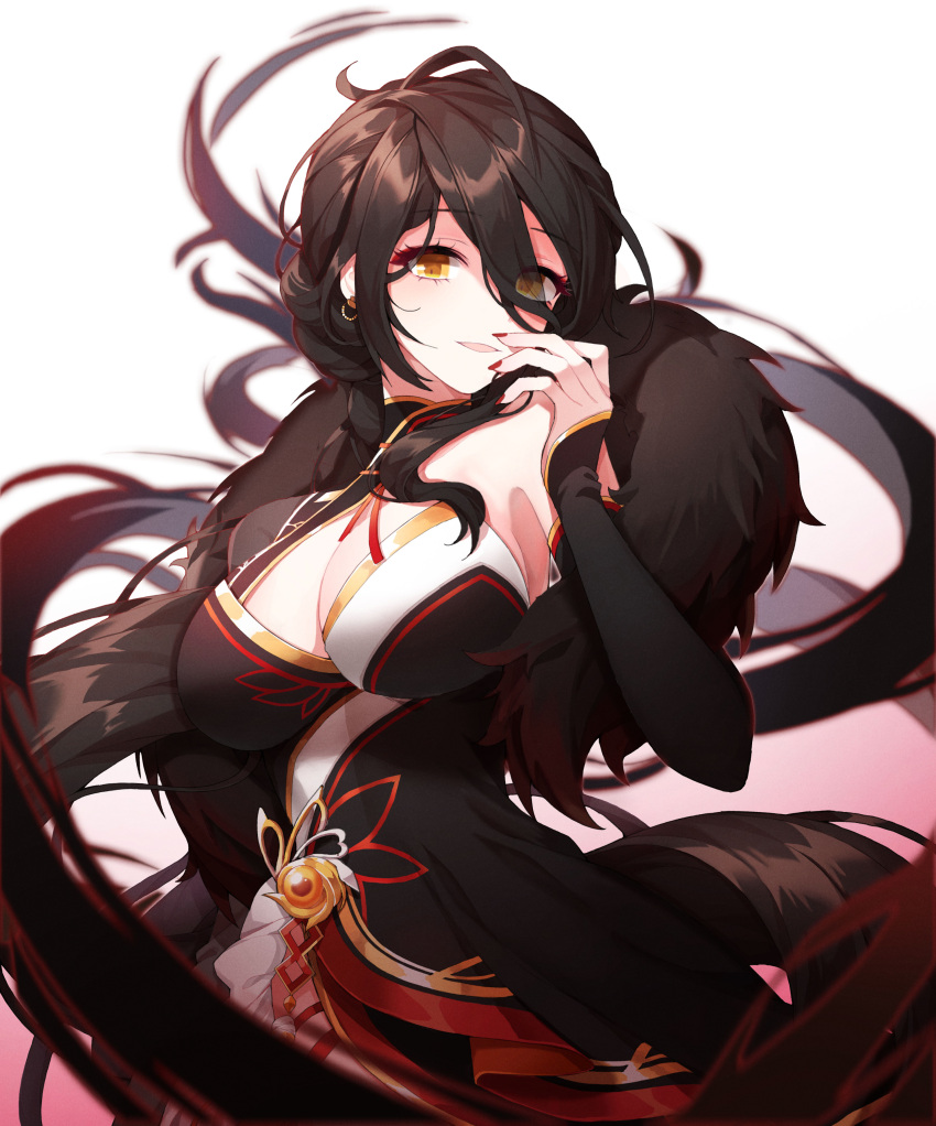 1girl absurdres ara_haan armpit_peek asymmetrical_clothes black_dress black_hair breasts commentary cowboy_shot devi_(elsword) dress earrings elsword eyebrows_visible_through_hair eyes_visible_through_hair feather_boa hand_up highres jewelry long_hair looking_at_viewer meoyo red_nails side_slit smile solo very_long_hair