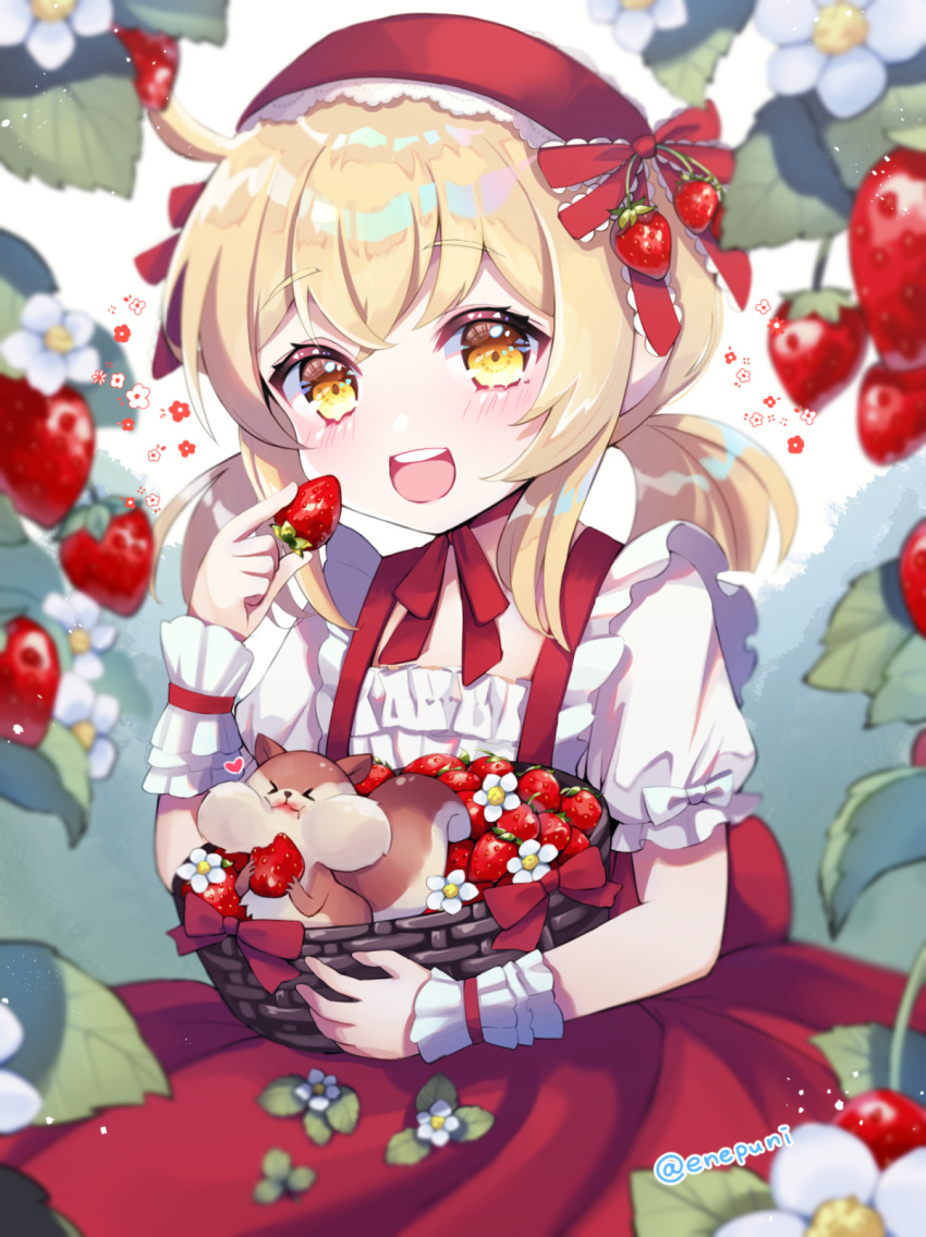 &gt;_&lt; 1girl :d artist_name bangs basket blonde_hair character_request commission copyright_request dress eating eneru_(enepuni) eyebrows_visible_through_hair food fruit hair_ribbon highres holding holding_food holding_fruit medium_hair open_mouth red_ribbon ribbon skeb_commission smile strawberry twintails twitter_username upper_teeth virtual_youtuber