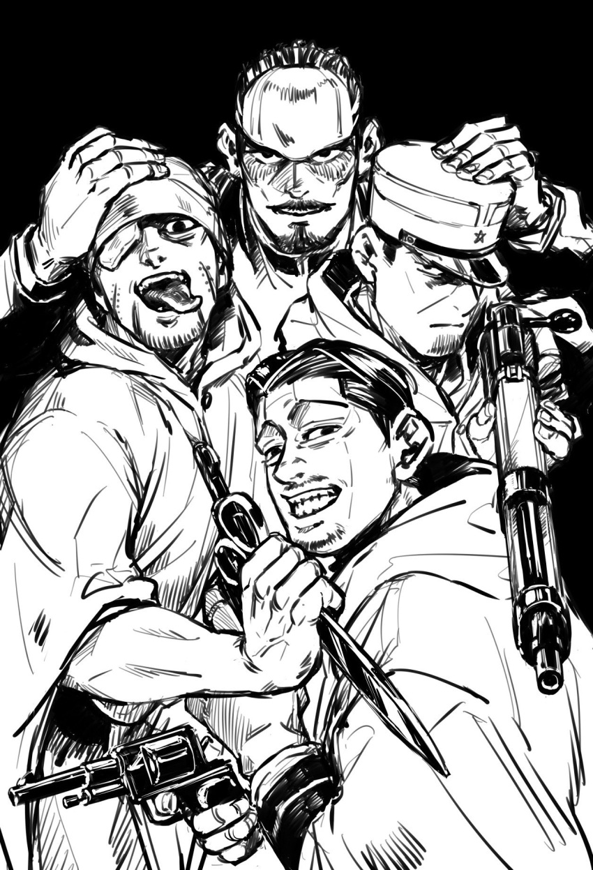 4boys aiming aiming_at_viewer arisaka bandaged_head bandages black_background black_eyes black_hair black_jacket bolt_action cape character_request check_commentary clenched_teeth closed_mouth collared_jacket commentary commentary_request facial_hair forehead_protector from_side goatee golden_kamuy greyscale gun hair_slicked_back handgun hands_on_another's_head hat highres holding holding_gun holding_scissors holding_weapon hood hood_down hooded_cape imperial_japanese_army jacket kawasaki_(kwskkx85) kepi long_sleeves looking_at_viewer male_focus military military_hat military_uniform monochrome multiple_boys mustache ogata_hyakunosuke one_eye_covered open_mouth pistol revolver rifle scar scar_on_cheek scar_on_face scissors short_hair simple_background smile star_(symbol) stubble teeth tongue tongue_out tsukishima_hajime tsurumi_tokushirou uniform upper_body weapon white_cape
