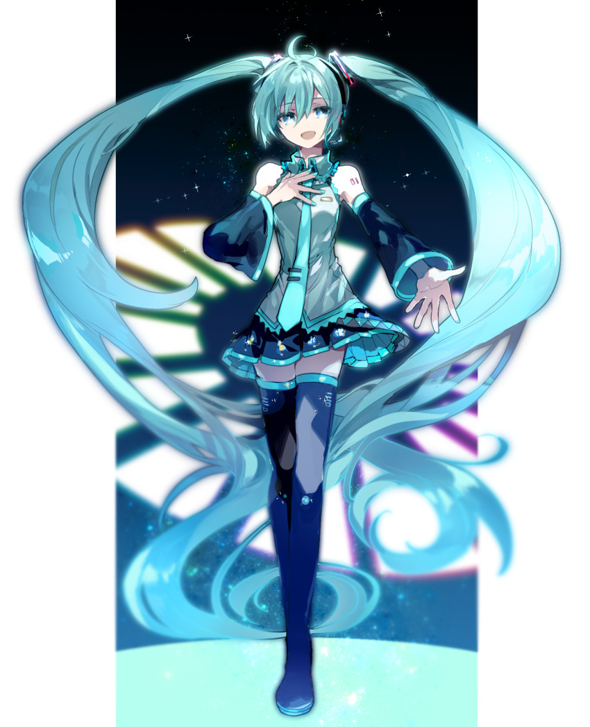 1girl :d absurdly_long_hair bare_shoulders blue_eyes blue_hair blue_legwear blue_nails blue_skirt blue_theme cyawa detached_sleeves fingernails full_body hand_on_own_chest hatsune_miku highres long_hair long_sleeves looking_at_viewer miniskirt nail_polish necktie open_mouth pleated_skirt skirt smile solo thigh-highs twintails very_long_hair vocaloid zettai_ryouiki