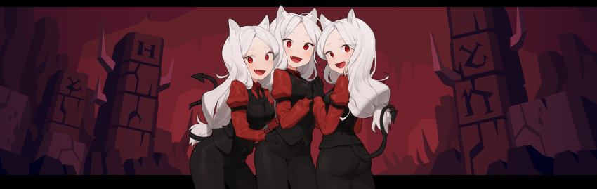 3girls :d absurdres animal_ears ass bangs belt_buckle black_pants black_vest blush breasts buckle cave cerberus_(helltaker) collared_shirt cowboy_shot demon_tail dog_ears dog_girl error fang forehead hand_on_another's_hip helltaker highres holding_hands long_hair long_sleeves looking_at_viewer looking_back low-tied_long_hair low_ponytail medium_breasts multiple_girls open_mouth pants parted_bangs pillar red_shirt rubyaano_(ducl323) shirt silver_hair smile tail triplets very_long_hair vest