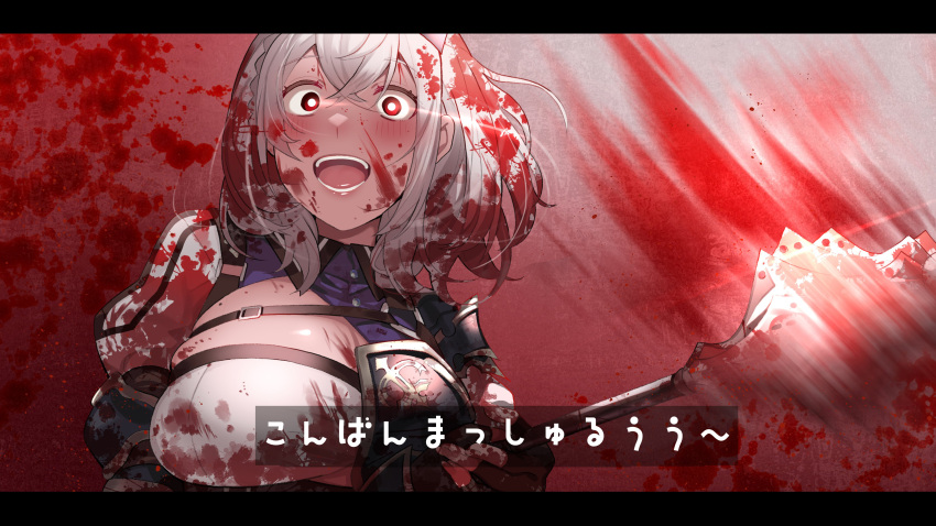 1girl absurdres blood blood_on_face bloody_clothes bloody_hair bloody_hands bloody_weapon blush breasts commentary_request green_eyes highres holding holding_weapon hololive large_breasts mace open_mouth shirogane_noel short_hair silver_hair solo tonarikeru translation_request upper_body virtual_youtuber weapon