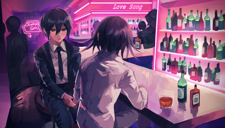 2boys ahoge alcohol alternate_costume bangs bar black_hair black_jacket blush brown_eyes character_name collared_shirt commentary_request cup dangan_ronpa_(series) dangan_ronpa_v3:_killing_harmony drinking_glass formal hair_between_eyes highres holding_hand jacket kozomezuki long_sleeves looking_at_another looking_at_viewer male_focus multiple_boys necktie neon_lights open_clothes open_jacket open_mouth open_pants ouma_kokichi pants people saihara_shuuichi shirt short_hair sitting smile white_jacket white_shirt wing_collar