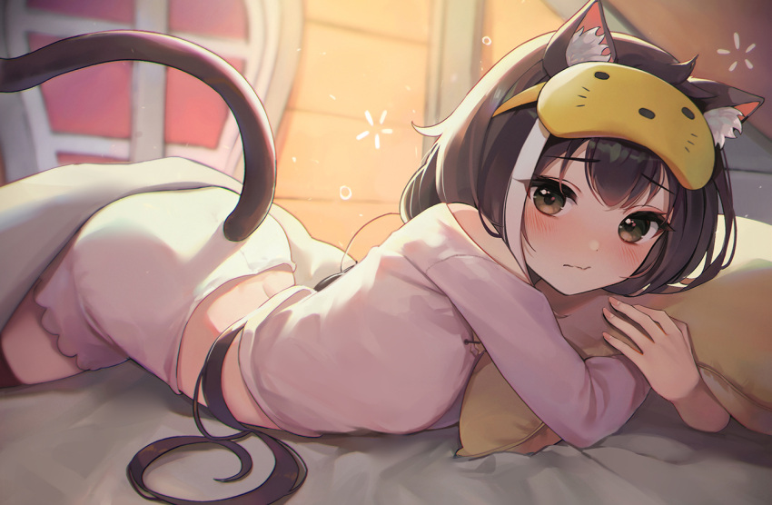 1girl animal_ear_fluff animal_ears bare_shoulders black_hair blush cat_ears cat_girl cat_tail closed_mouth eyebrows_visible_through_hair green_eyes karyl_(princess_connect!) looking_at_viewer lunia pajamas princess_connect! princess_connect!_re:dive solo tail