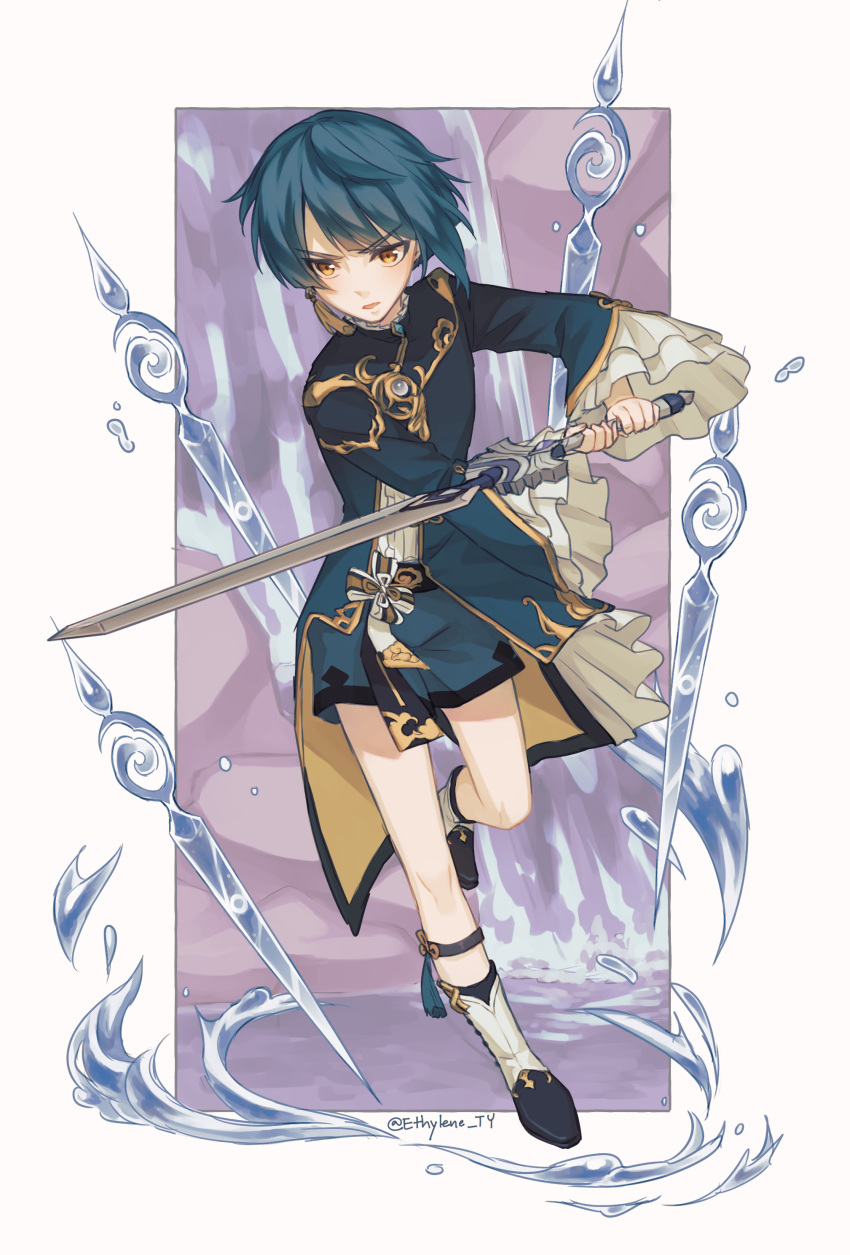 1boy absurdres b2teen bangs blue_hair blush chinese_clothes collar earrings eyebrows_visible_through_hair frilled_collar frilled_sleeves frills genshin_impact highres holding holding_sword holding_weapon jacket jewelry liquid_weapon long_sleeves male_focus open_mouth otoko_no_ko short_hair simple_background single_earring solo sword water weapon xingqiu_(genshin_impact) yellow_eyes