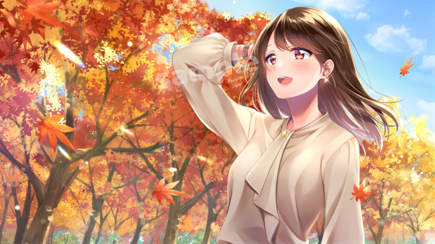 1girl :d amagi_shino autumn_leaves blue_sky blush brown_hair brown_shirt clouds highres leaf long_hair long_sleeves maple_leaf open_mouth original outdoors red_eyes shirt sky smile solo standing tree