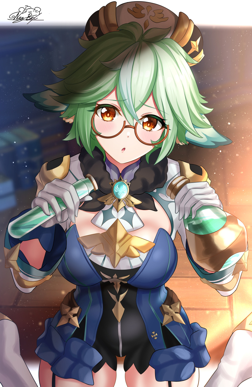 1girl absurdres animal_ears blue_dress boots breasts dress flask fur_collar garter_straps genshin_impact glasses gloves green_hair hat highres holding huge_filesize long_sleeves looking_at_viewer medium_breasts nez-box orange_eyes parted_lips round_eyewear semi-rimless_eyewear short_hair shrug_(clothing) sitting solo sucrose_(genshin_impact) test_tube under-rim_eyewear wariza white_gloves