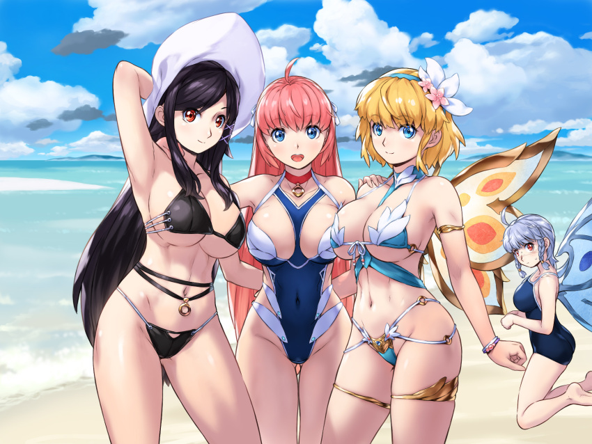 4girls ahoge aria_(sennen_sensou_aigis) arm_behind_head armpits barefoot beach bikini black_bikini black_hair blonde_hair blue_bikini blue_eyes blue_hairband blue_swimsuit bracelet braid breasts casual_one-piece_swimsuit ceilia_(sennen_sensou_aigis) choker clouds cloudy_sky competition_school_swimsuit covered_navel cynthia_(sennen_sensou_aigis) fairy fairy_wings flower front-tie_top gem girl_sandwich hair_flower hair_ornament hair_ribbon hairband hand_on_another's_shoulder hand_on_headwear hat highres jewelry large_breasts light_purple_hair long_hair minigirl multi-strapped_bikini multiple_girls navel o-ring o-ring_bikini ocean one-piece_swimsuit pink_hair reanbell_(sennen_sensou_aigis) red_choker red_eyes ribbon sand sandwiched sennen_sensou_aigis short_hair sky sun_hat swimsuit thighlet twin_braids uchiu_kazuma under_boob very_long_hair white_ribbon wings x_hair_ornament